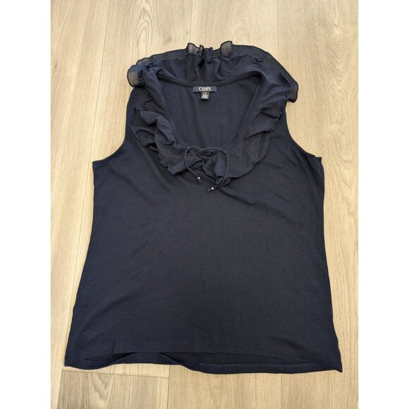 Chaps Navy Blue Ruffle V-Neck Sleeveless Top With Tie Detail Womens Size L - Picture 3 of 6